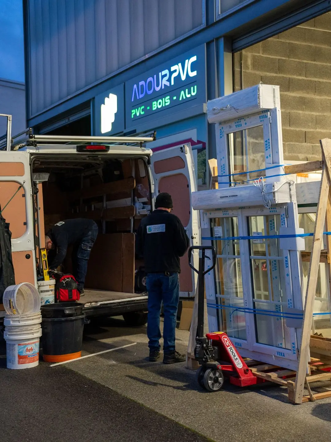 Artisans chargeant des fenêtres PVC Veka sur palette devant l'enseigne lumineuse de l'atelier Adour PVC à Anglet