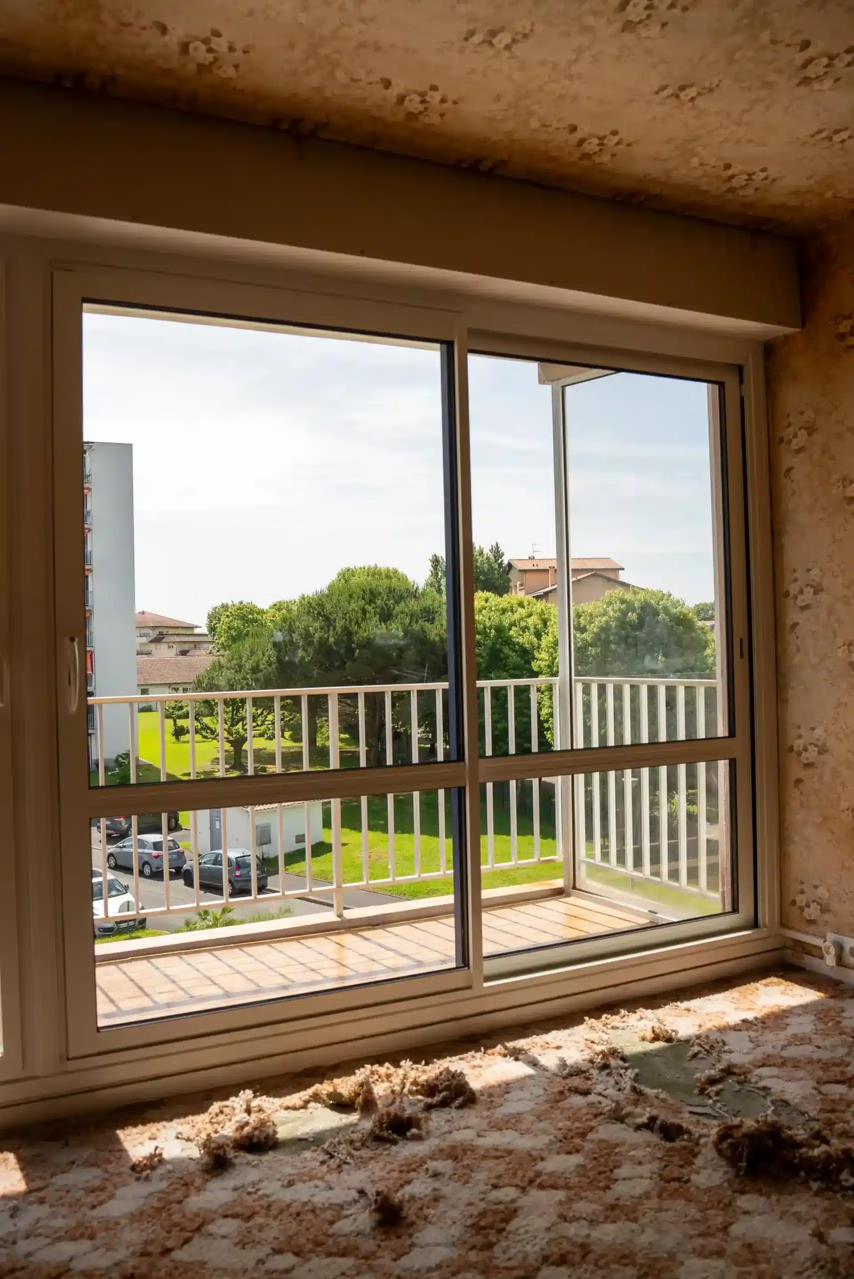 Baie coulissante PVC blanche posée en rénovation d'appartement par Adour PVC au Pays Basque